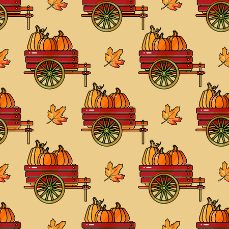 Seamless pattern with pumpkin, cart and leaves. Vector.のイラスト素材