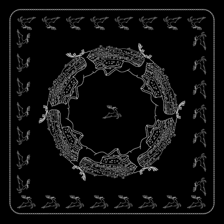 Black and white round pattern with deer.のイラスト素材