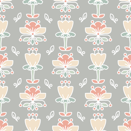 Vector Seamless pattern with abstract flowers and leaves on light grey background.のイラスト素材