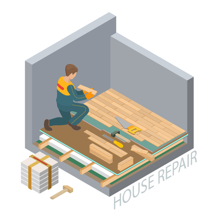 Isometric interior repairs concept. Repairer is laying parquetのイラスト素材
