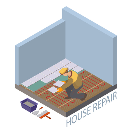 Isometric interior repairs concept. The Repairer is laying tile.のイラスト素材