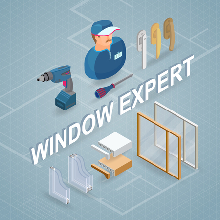 Window installing service. Isometric concept. Worker, equipment.のイラスト素材
