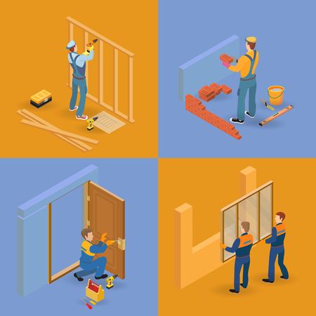Isometric interior repairs icons set.  Workers, tools.のイラスト素材