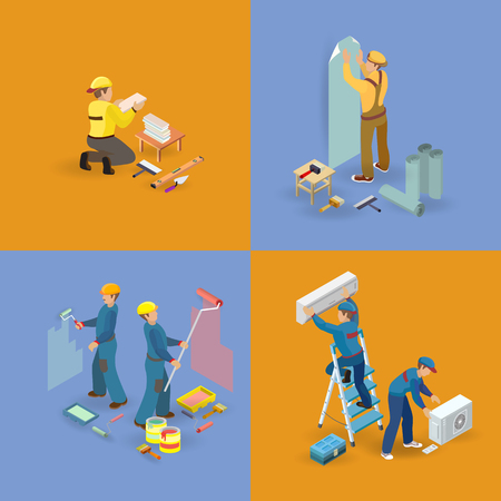 Isometric interior repairs icons set. Workers, tools Vector illustration.のイラスト素材