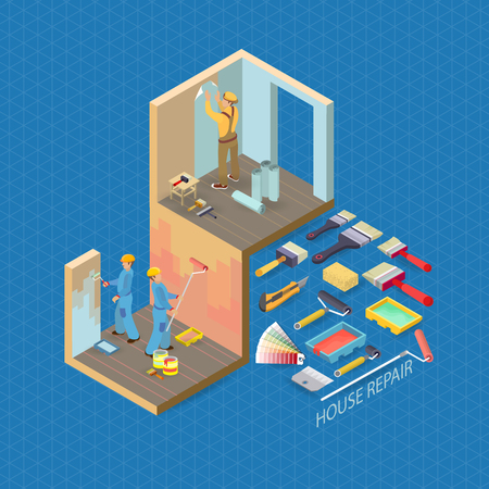 Isometric interior repairs concept. Vector flat 3d illustration.のイラスト素材