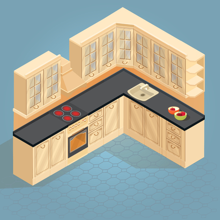 Isometric cartoon retro kitchen furniture icon. Vector.のイラスト素材