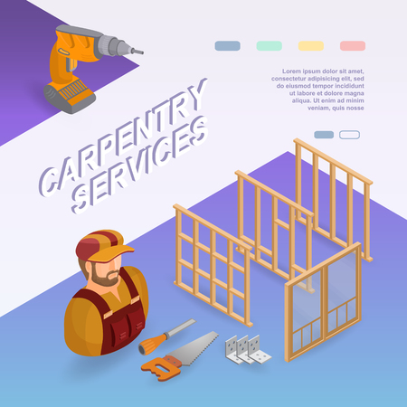 Carpentry services. Isometric concept. Worker, equipment.のイラスト素材