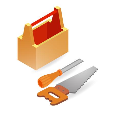 Handsaw, chisel, box. Isometric construction tools.のイラスト素材