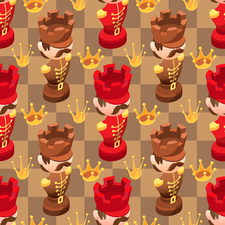 Chess seamless pattern with isometric cartoon chess pieces Rook.のイラスト素材