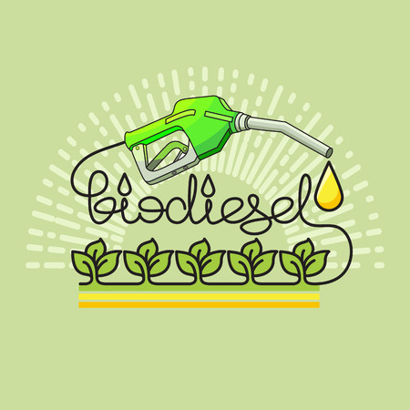 Biodiesel green energy concept. Linear Flat illustration with natural biofuel pump icon, leaves and lettering isolated on green background. Biodiesel vector icon.のイラスト素材