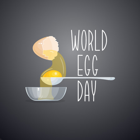 World egg day card. Vector illustration of raw egg, spoon, bowl isolated on grey background.のイラスト素材