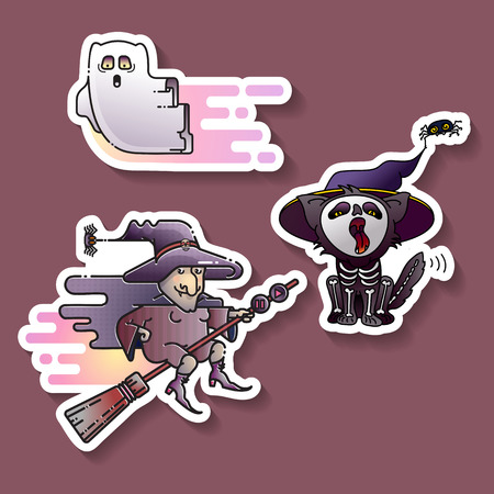 Halloween design. Colorful hag, spook and cat stickers. Vector illustration.のイラスト素材