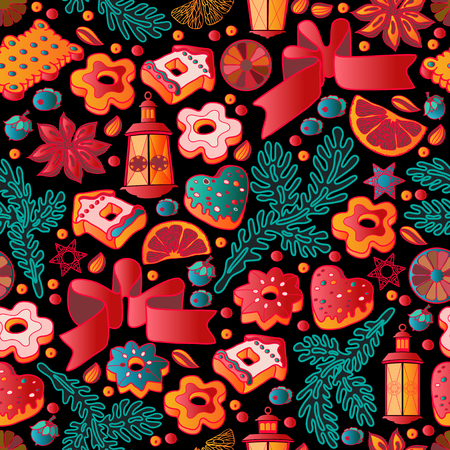 Cute Christmas seamless pattern with colorful toys, ribbons, cookies, lanterns, pine branches, slices of oranges. Cartoon style Vector illustration isolated on black background.のイラスト素材