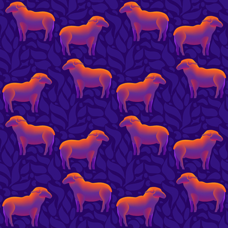 A flock of sheep seamless pattern. Shiny Sheep isolated on blue. Modern design. Vector illustration.のイラスト素材