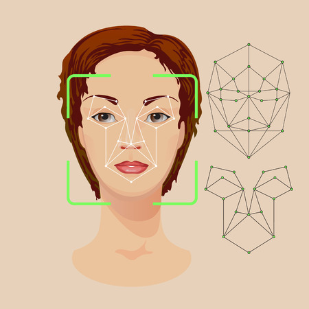 Woman face with lines and dots for identity recognition. Facial biometric identity. Biometric verification human face recognition security. Vector illustration.のイラスト素材