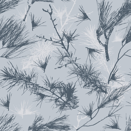 Seamless pattern with silhouette of pine branches. Monochrome vector illustration isolated on grey.のイラスト素材