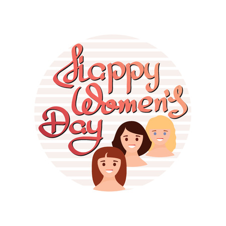 Happy Womens Day. Handwritten lettering isolated on white background. Vector hand drawn calligraphy with abstract portraits of women. Typographic Design Elements for Greeting Cards.のイラスト素材