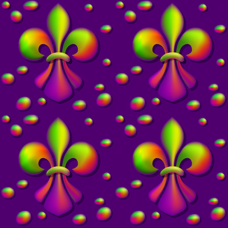 Seamless pattern of Fleur De Lis. Trendy shining multicolored fleur-de-lys on violet background. Vector. Stylized Lily for Shrove Tuesday, Mardi gras carnival.のイラスト素材