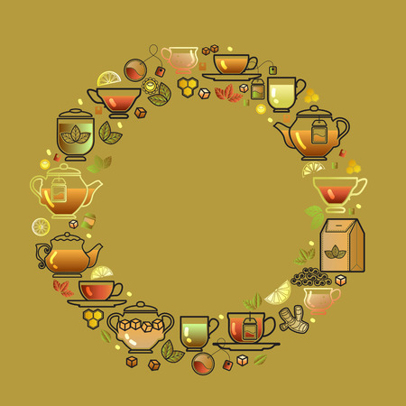 Round frame with cup, leaf, lemon, teapot. Vector.のイラスト素材