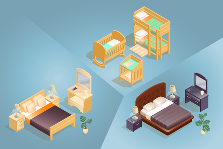 Isometric cartoon double bed, nightstand, mirror, flower pot and lamp isometric icon. Bunk bed, baby crib and baby changing table. Furniture icon set isolated on blue. Vector flat 3d illustration.のイラスト素材