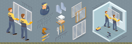 Window installing service. Isometric concept. Worker, equipment.のイラスト素材