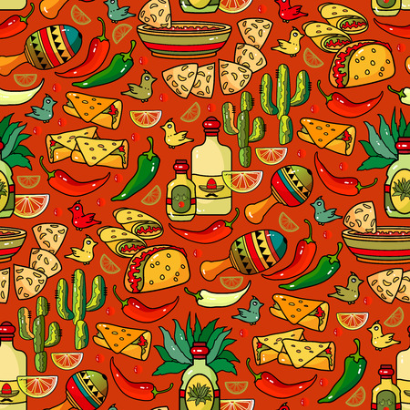 Vector seamless pattern of Mexican symbols. Sombrero, maracas, tequila, pepper, cactus isolated on brown background.のイラスト素材