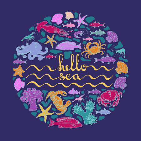 Hello sea. Hand drawn lettering quote. Vector summer vacations poster with various sea creatures. Fish, crab and starfish. Sea bottom. Marine-themed design elements isolated on blue.のイラスト素材