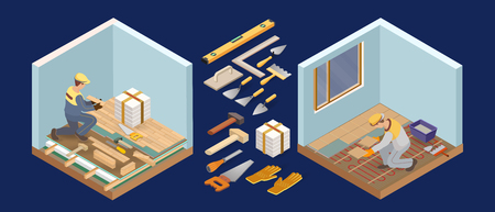 Floor installer. Builder holds a wooden parquet. Home repair isometric template. Installing tiles on insulated floor. Repairer in uniform holds a tile. Worker, tools and fragment of interior. Vectorのイラスト素材