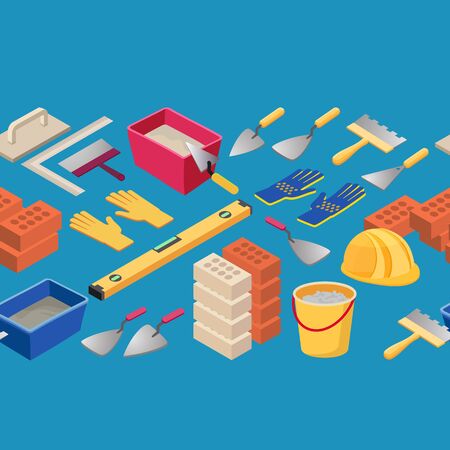 Construction tools seamless pattern. Builder or repair symbols isolated on blue background. Isometric projection. Vector set of hand tools for building or home renovation. Instruments in 3D view.のイラスト素材