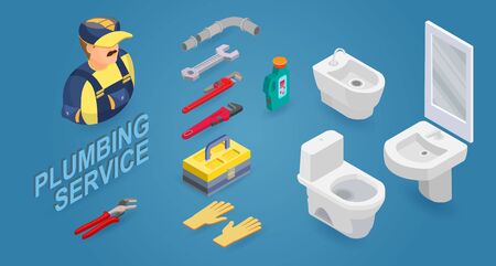 Plumber, washbasin, toilet, bidet, and instrument. Isometric icons. Vector.のイラスト素材