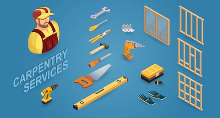 Carpenter services. Builder, tools, and wooden construction. Isometric icons. Vector.のイラスト素材
