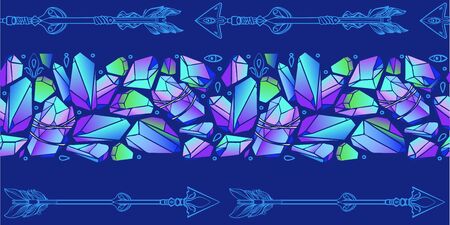 Seamless pattern with colorful crystals gems and arrows. Vector illustration.のイラスト素材