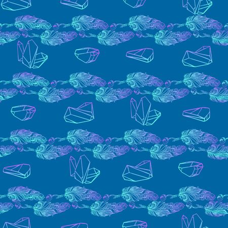 Seamless pattern with feather and crystals gems. Vector.のイラスト素材