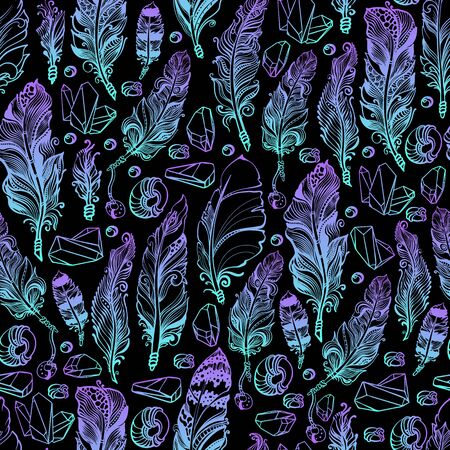 Seamless pattern with feather, beads and crystals gems. Vector illustration.のイラスト素材