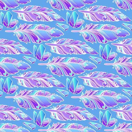 Seamless pattern with feather and colorful crystals gems. Vector illustration.のイラスト素材