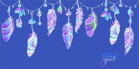 Hanging feathers and crystals in aztec style. Vector seamless border.のイラスト素材