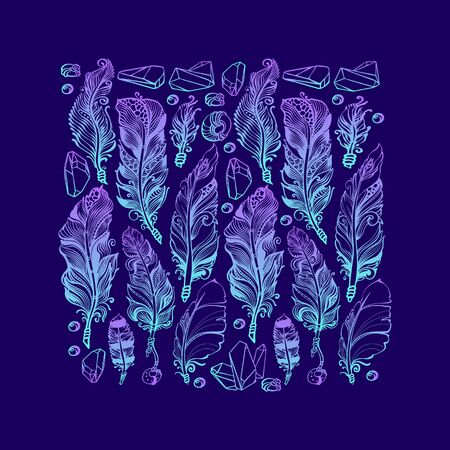 Feathers and crystals gems. Rainbow pattern. Beautiful Hand drawn Vector illustration. Abstract gem stones and feathers isolated on blue background. Magic fairytale theme.のイラスト素材