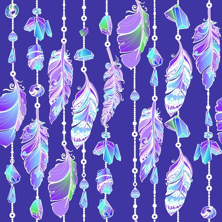 Hanging feathers and crystals in aztec style. Vector seamless pattern.のイラスト素材