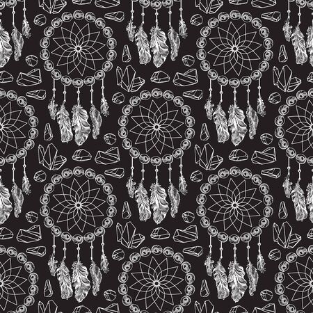 Seamless pattern with Dreamcatcher with feathers. Ethnic art. Vector illustration.のイラスト素材