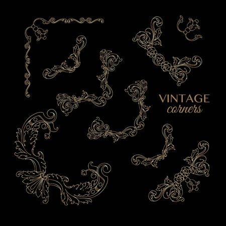 Vintage decorative corner. Set of floral retro patterns. Graphic design in baroque style. Vintage hand drawn thin golden line isolated on black. Decorative antique acanthus swirl. Vector illustrationのイラスト素材