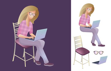 Young girl with a laptop sits on a chair. The student is studying. Girl works on a laptop. Freelancer woman, computer. Social media communication. Distance education. Vector illustration.のイラスト素材