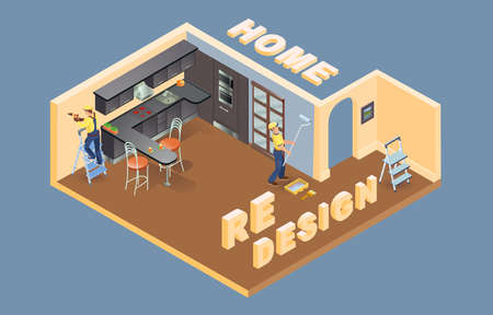 Home redesign. Isometric. Worker is laying parquet. Interior. Vector.のイラスト素材