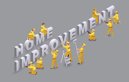 Home improvement. Workers install isometric letters. Team of Builders. Vector.のイラスト素材