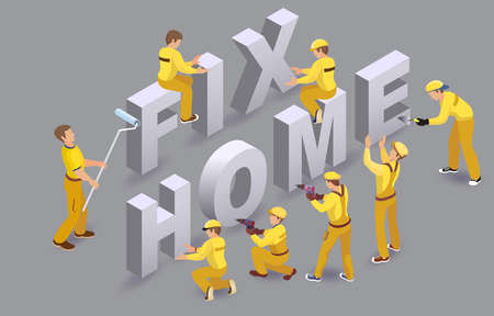 Fix Home. Team of Builders, people, words Handyman Services. Vector.のイラスト素材