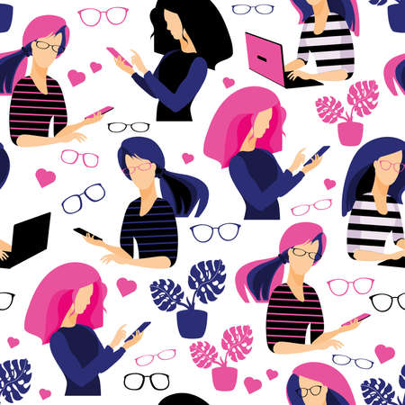 Young women holding digital gadgets. Flat Vector Seamless pattern.のイラスト素材