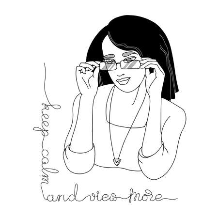 Young woman with glasses and handwritten text. Outline vector illustration.のイラスト素材