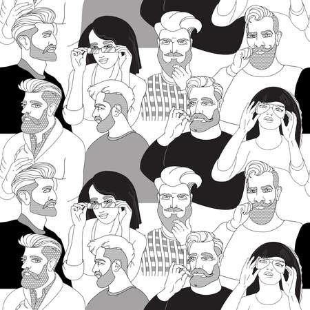Young girls and men. Seamless pattern. Line art vector illustration.のイラスト素材