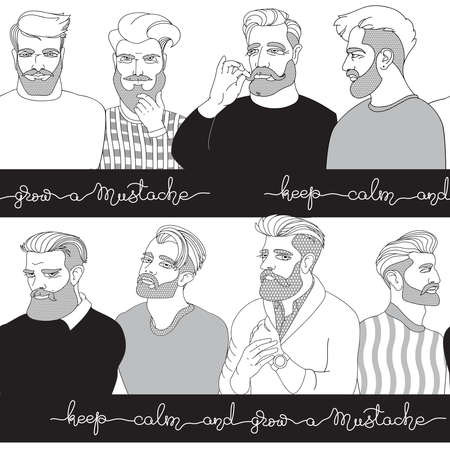 Portraits men with a beard. Seamless pattern. Line art style.のイラスト素材