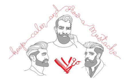 Set of linear people. Hipster men with barber tools. Vector.のイラスト素材