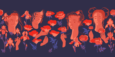 Young women with flowers. Seamless pattern. Floral Vector flat illustration.のイラスト素材